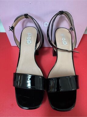 Pop Black Patent Ankle-Strap Block Heel Sandals